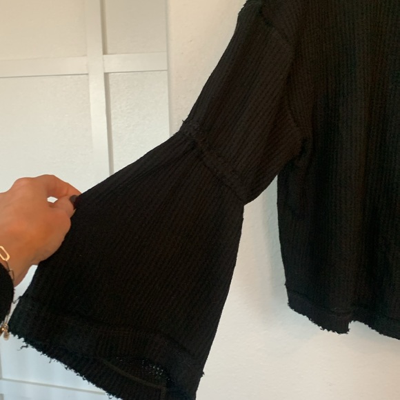 We the free Free People thermal bell sleeve waffle knit shirt-black-Medium - Picture 8 of 11